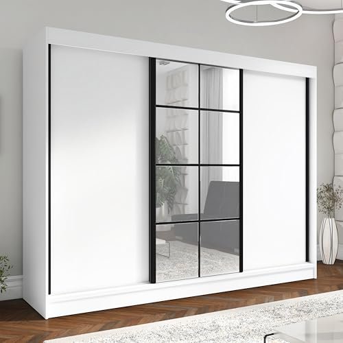 A&J MöbelLand Schwebetürenschrank ORAVELLE Kleiderschrank 3-türig mit Schubladen und Spiegel Garderobenschrank 200 cm (Weiß)