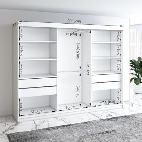 A&J MöbelLand Schwebetürenschrank ORAVELLE Kleiderschrank 3-türig mit Schubladen und Spiegel Garderobenschrank 200 cm (Weiß)