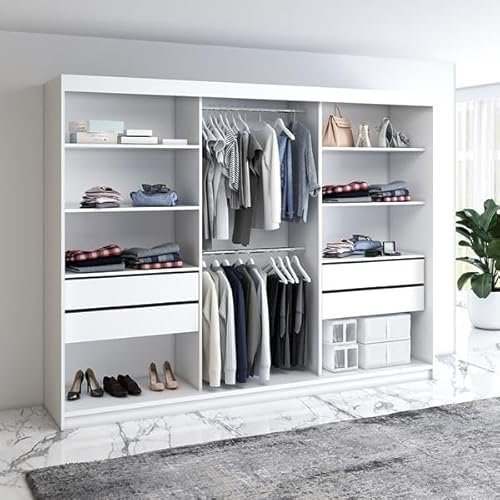 A&J MöbelLand Schwebetürenschrank ORAVELLE Kleiderschrank 3-türig mit Schubladen und Spiegel Garderobenschrank 200 cm (Weiß)