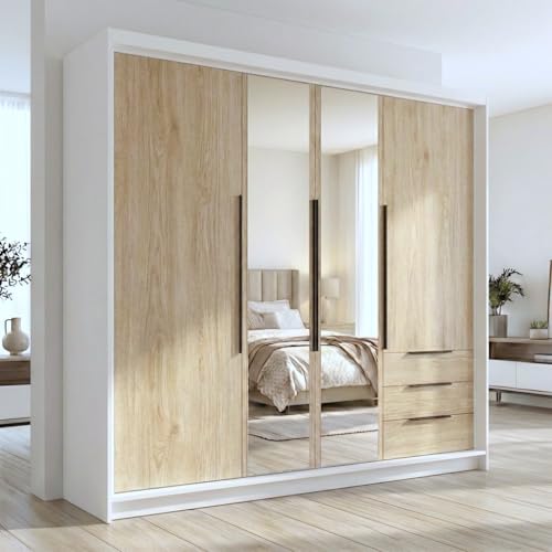 A&J MöbelLand VIVO Kleiderschrank 4-türig mit Spiegel und Schubladen – 200 x 215 cm – Drehtürenschrank mit Kleiderstange und Einlegeböden
